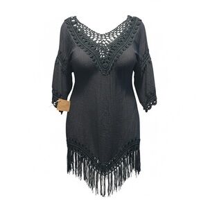 Elegant Black Crochet Swim Cover-Up LARGE